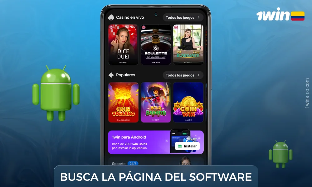 Los jugadores deben buscar el botón Aplicación para Android y pulsarlo para descargar la aplicación móvil 1win para Android